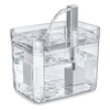 Transparent cat water fountain on a white background, with a clear tank and drinking tray, a silver spout, and the filter basket and pump visible inside