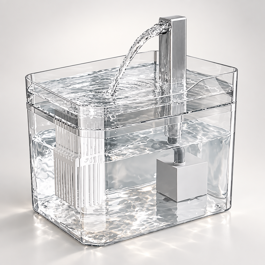 Transparent cat water fountain with water arcing from the silver spout into the drinking tray, the filter basket and pump visible through the clear tank