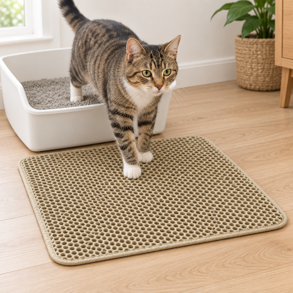 Tabby cat stepping out of the litter tray onto the khaki honeycomb litter mat