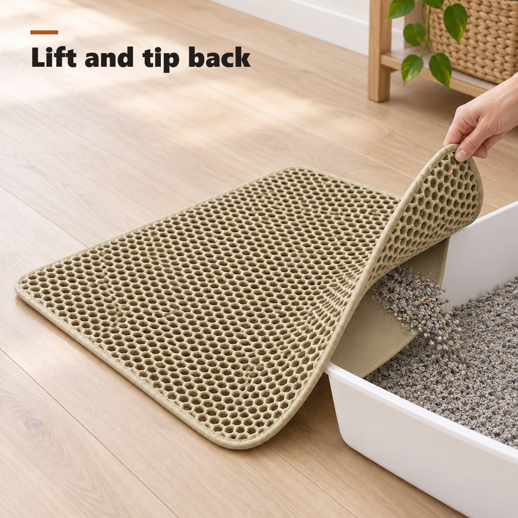 Top layer of the litter mat lifted to tip collected litter back into the tray