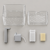 Transparent cat water fountain taken apart into six pieces: tank, drinking tray, outlet pipe, pump, filter and filter pad