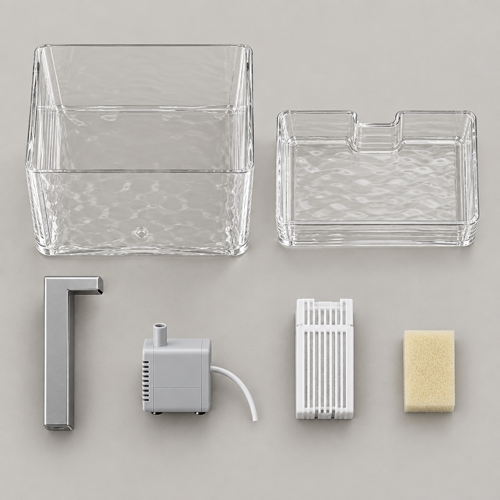 Transparent cat water fountain taken apart into six pieces: tank, drinking tray, outlet pipe, pump, filter and filter pad