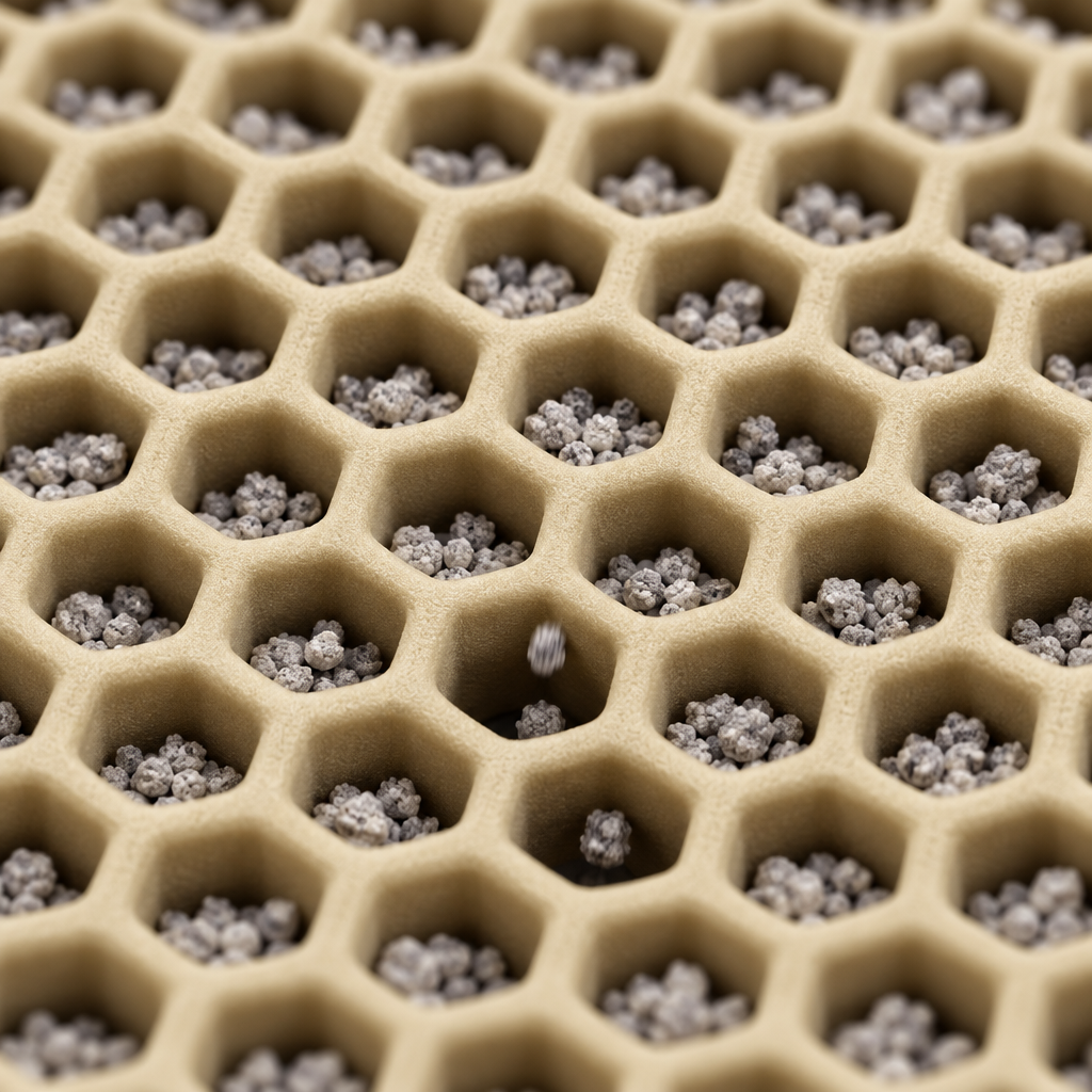 Close-up of the honeycomb cells holding litter grains