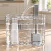 Transparent cat water fountain with a clear tank and tray, water level clearly visible through the side