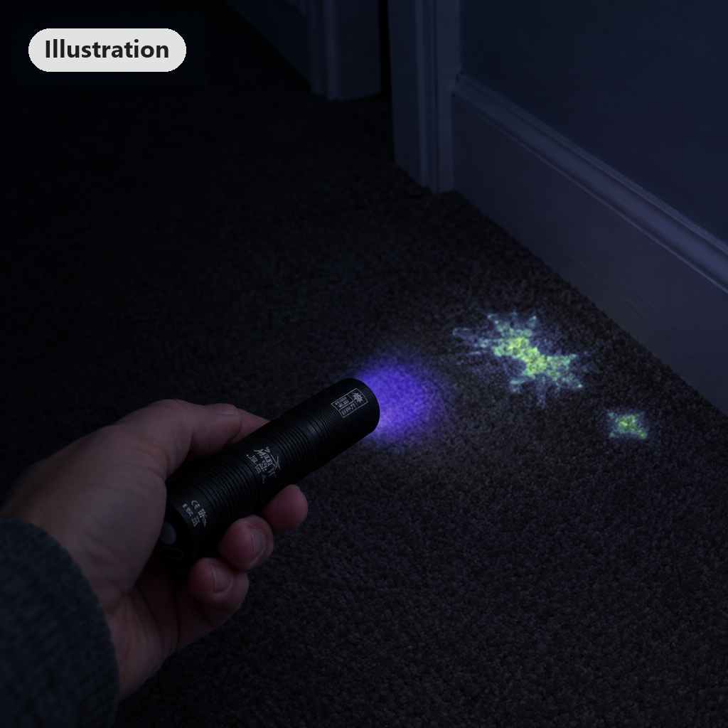 Illustration: a UV torch beam in a dark hallway, small glowing spots along the skirting board