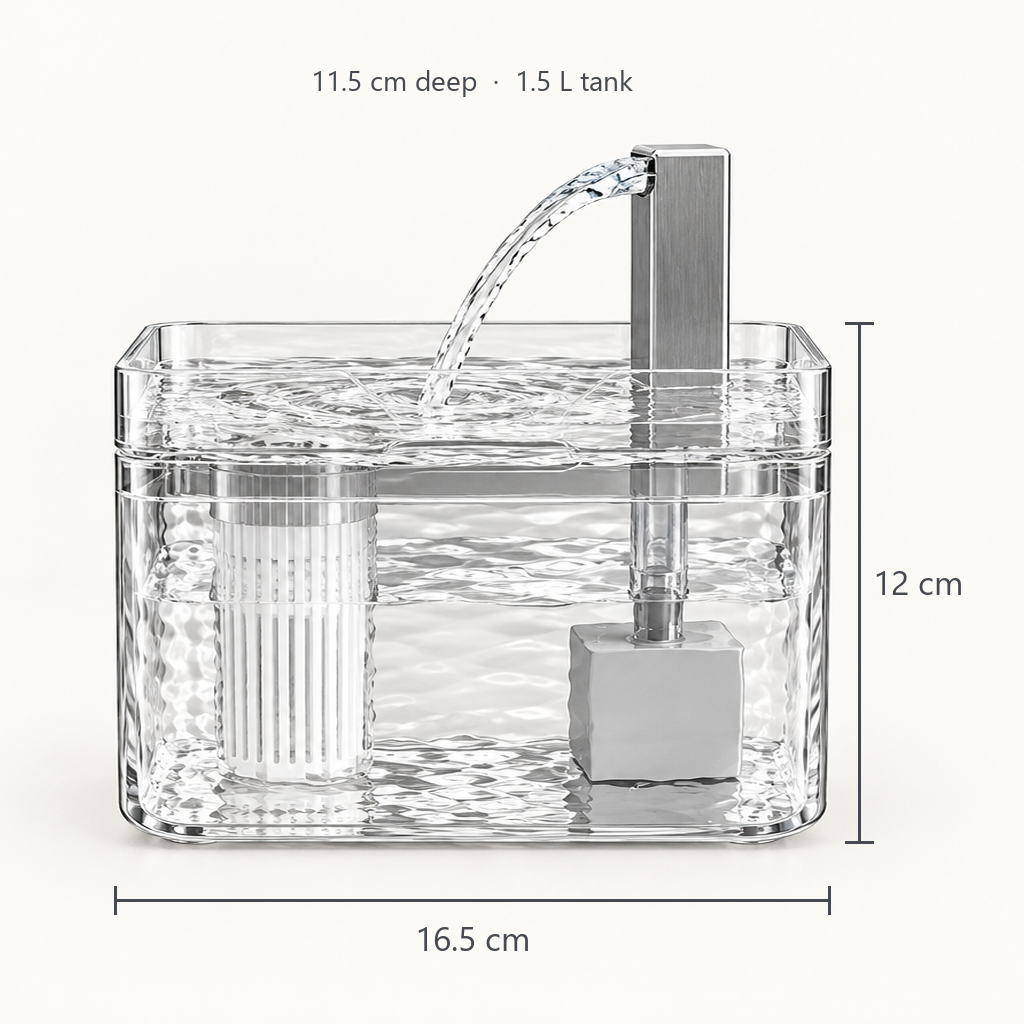 Transparent cat water fountain with dimension lines, 16.5 × 11.5 × 12 cm