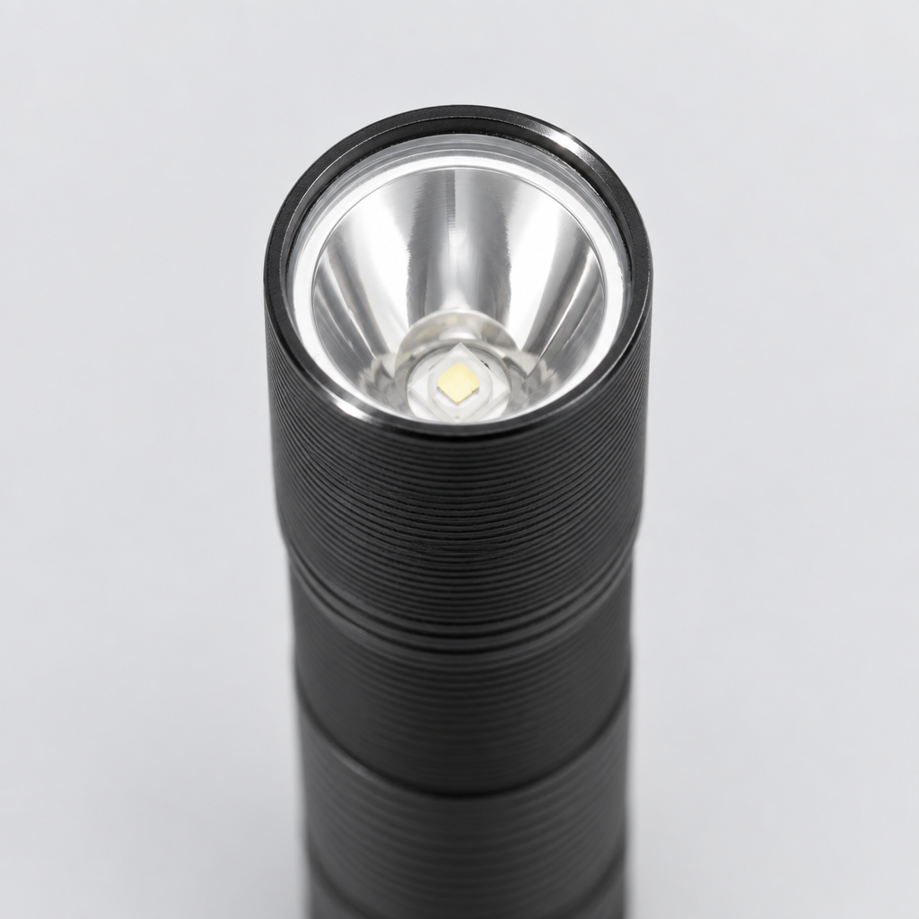 Close-up of the UV torch lens and reflector, black ridged body
