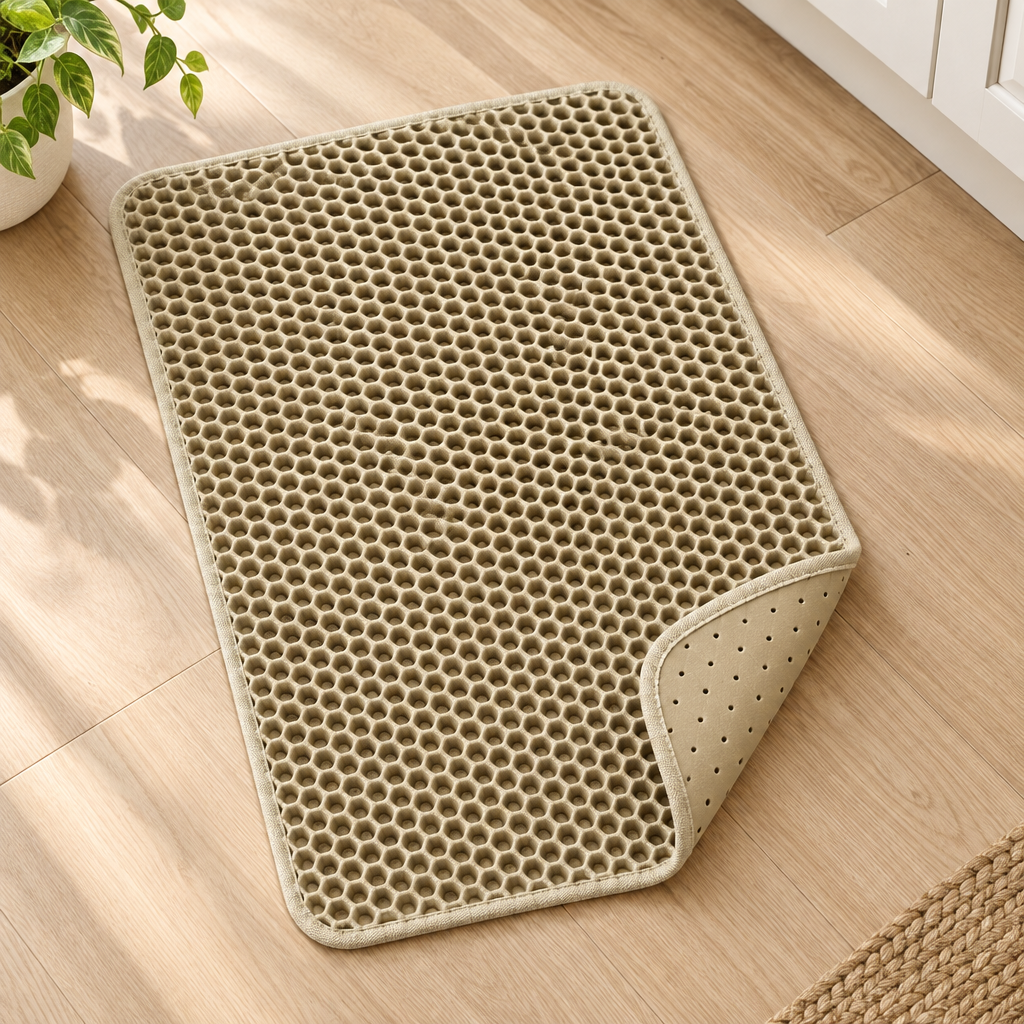 Corner of the mat folded back to show the anti-slip underside