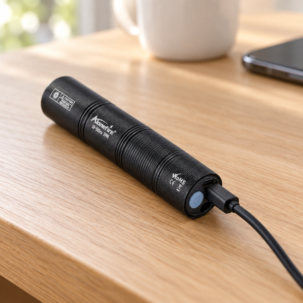 The UV torch charging from its USB cable on a wooden side table