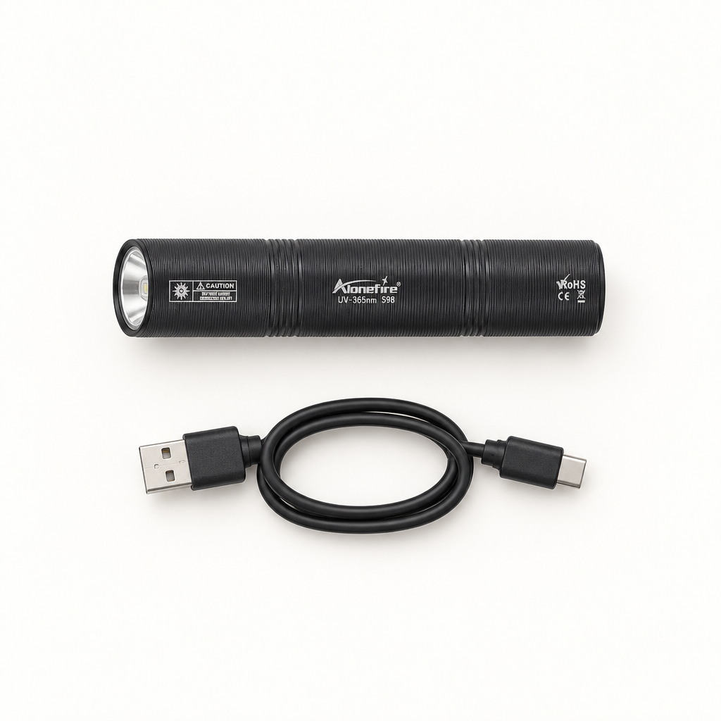 The black UV torch and its USB charging cable laid side by side