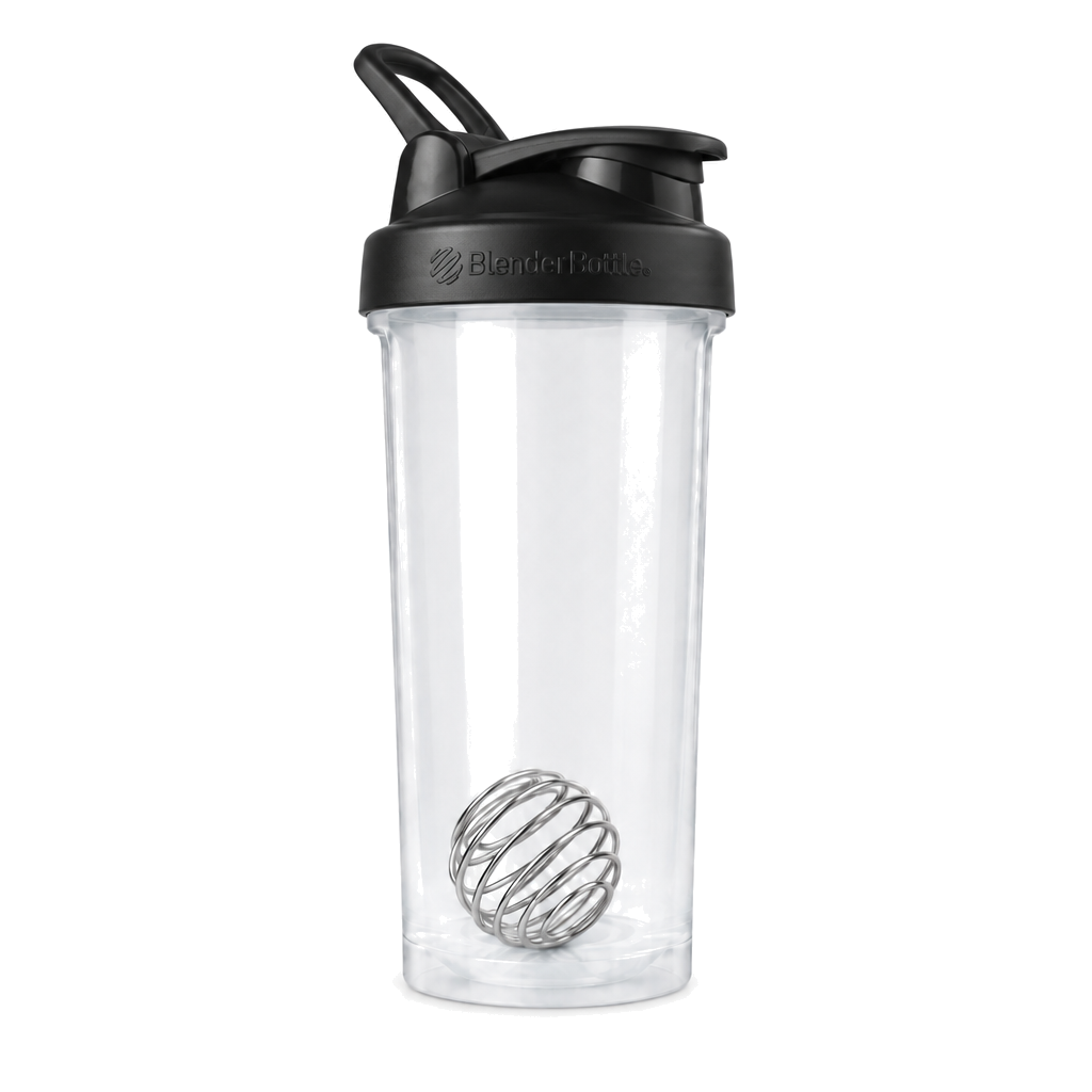 BlenderBottle Classic V2 830 ml shaker with a black lid, cap shut, on a white background, the steel BlenderBall visible through the clear cup