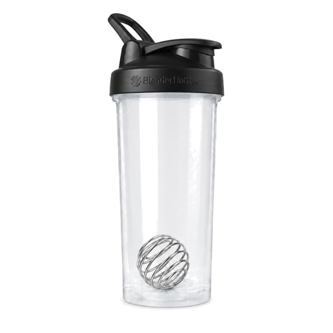BlenderBottle Classic V2 830 ml shaker with a black lid, cap shut, on a white background, the steel BlenderBall visible through the clear cup