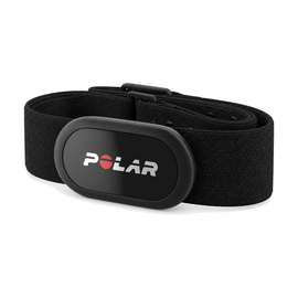 Polar H10 heart rate sensor clipped onto its black Pro chest strap, on a white background