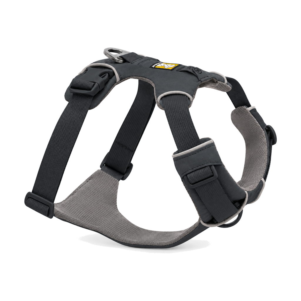 Ruffwear Front Range Dog Harness in grey on a white background, showing the padded Y-front, the back V-ring and the side buckles