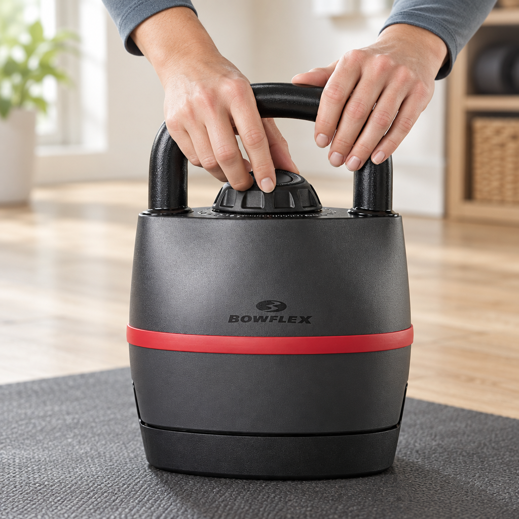 Hand turning the selection dial on top of a Bowflex SelectTech 840 kettlebell while it sits in its base