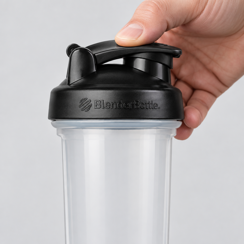 Thumb pressing the flip cap of a BlenderBottle Classic V2 down onto its screw-on lid to snap it shut