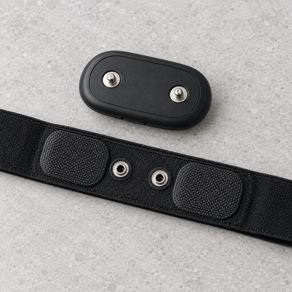 Polar H10 sensor unclipped from its strap, showing the two snap studs on the sensor and the matching snaps and electrode pads on the strap