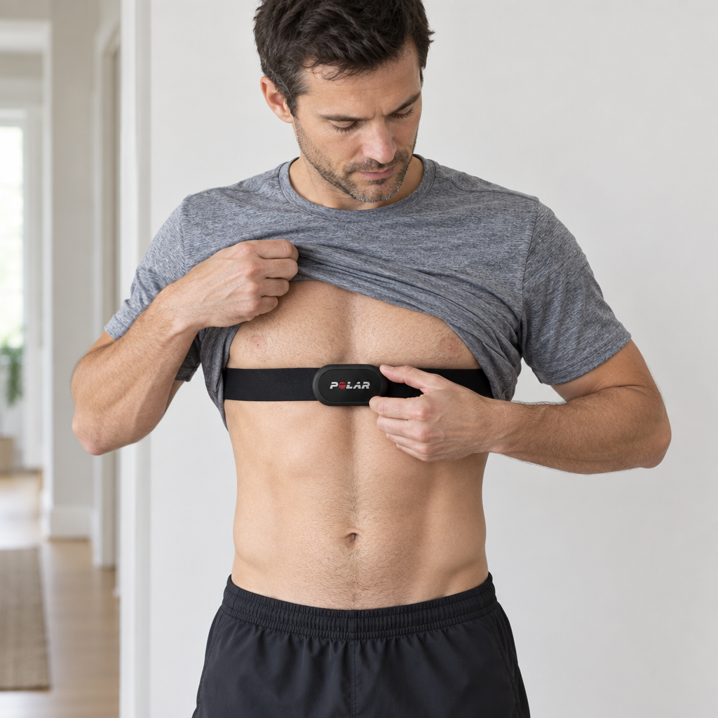 Man lifting his T-shirt to fasten a Polar H10 chest strap around his bare chest
