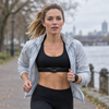 Runner mid-interval by a river with a Polar H10 chest strap worn on bare skin under an open jacket and a sports watch on her wrist
