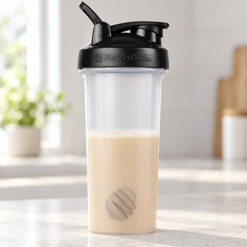 BlenderBottle Classic V2 on a kitchen worktop about half full of shake, BlenderBall inside, with plenty of room left below the lid