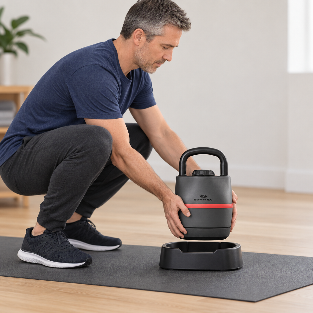 Man crouching to lower a Bowflex SelectTech 840 kettlebell carefully back into its base on an exercise mat