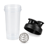 BlenderBottle Classic V2 in its three parts: clear cup, black screw-on lid and stainless steel BlenderBall
