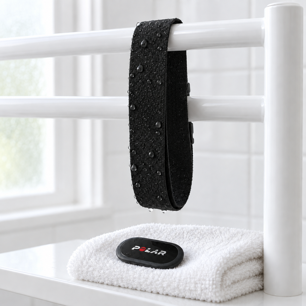 Polar H10 strap drying on a rail after a rinse, with the sensor unclipped on a towel below