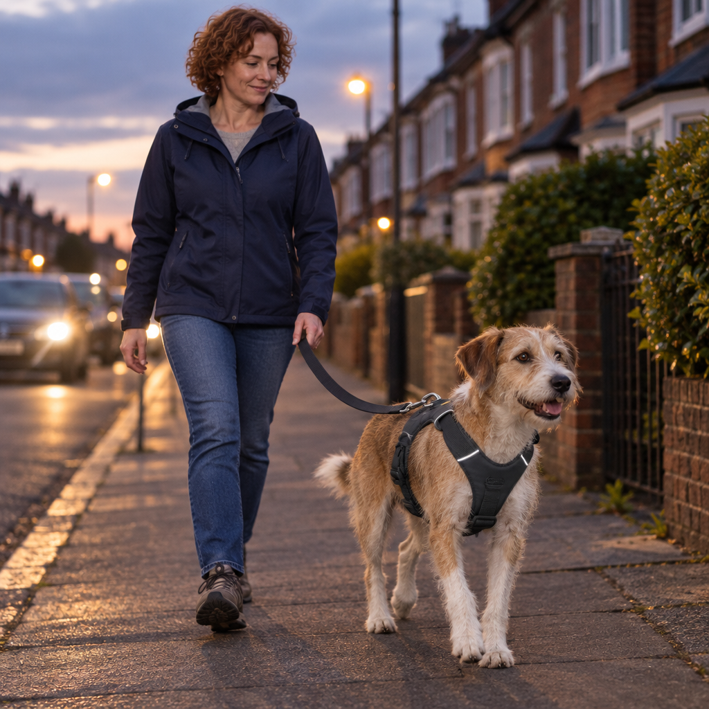 Woman walking a dog in a Ruffwear Front Range harness along a UK terraced street at dusk, reflective trim catching the street light