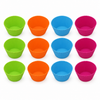 Webake Large Silicone Muffin Cases, twelve empty cases in three rows of green, orange, blue and pink on a white background