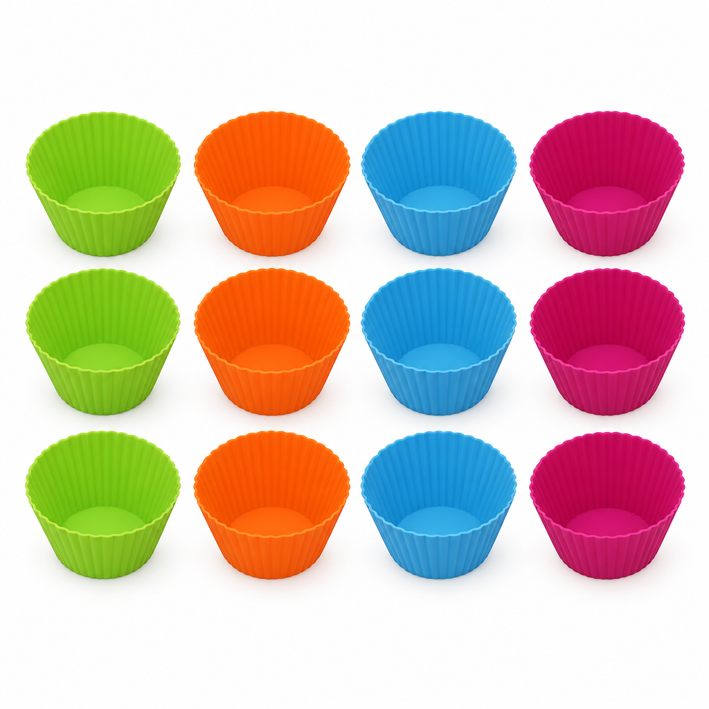 Webake Large Silicone Muffin Cases, twelve empty cases in three rows of green, orange, blue and pink on a white background