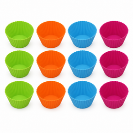 Webake Large Silicone Muffin Cases, twelve empty cases in three rows of green, orange, blue and pink on a white background