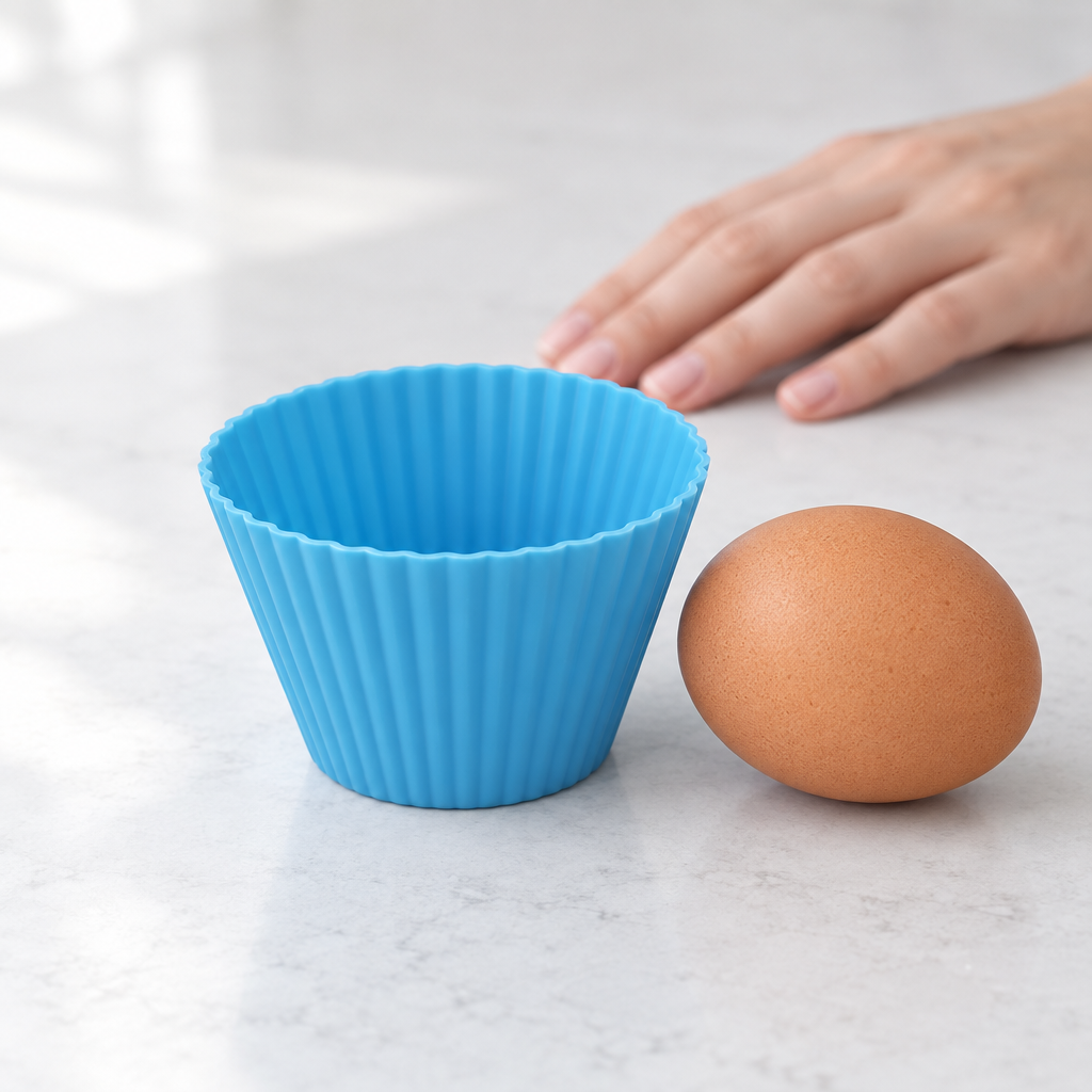 One blue Webake silicone muffin case beside a large egg on a kitchen worktop, a hand resting behind for scale