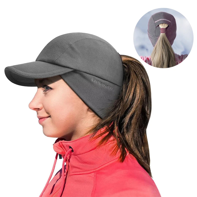 Women's Reflective Fleece Hat with Ponytail Slot for Winter Warmth