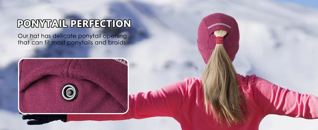 Women's Reflective Fleece Hat with Ponytail Slot for Winter Warmth