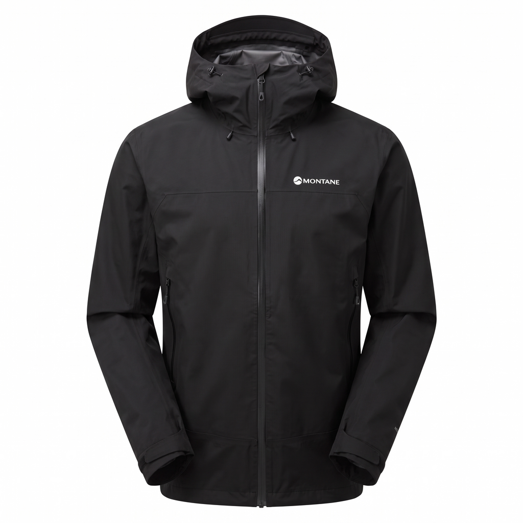 Montane Men's Norste Lite waterproof jacket in black, front view.