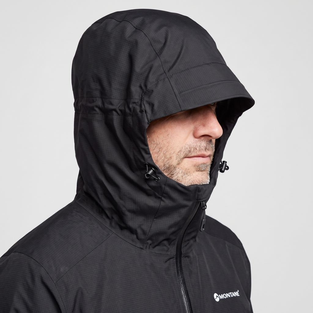 The PIVOT 2 hood adjusted, with the laminated peak and YKK AquaGuard front zip.