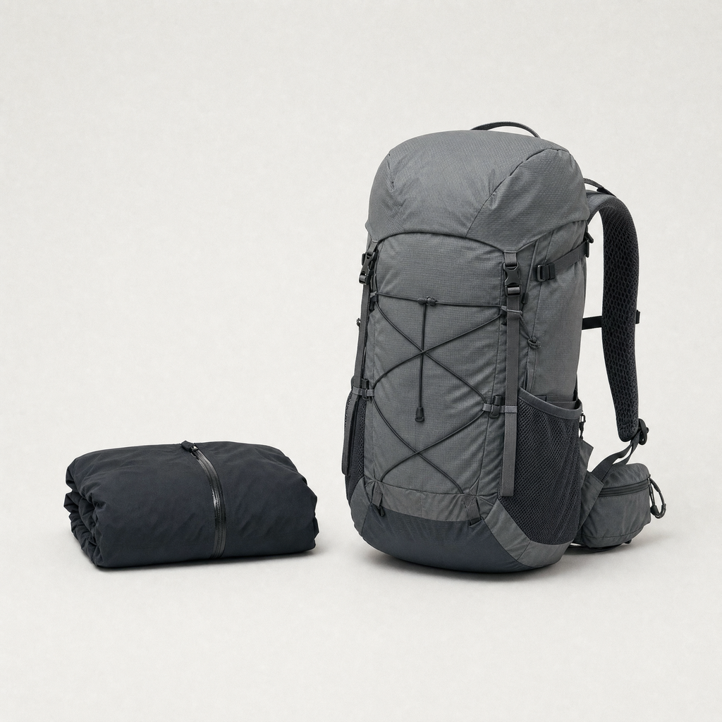 The jacket folded down small, resting beside a daypack for scale.