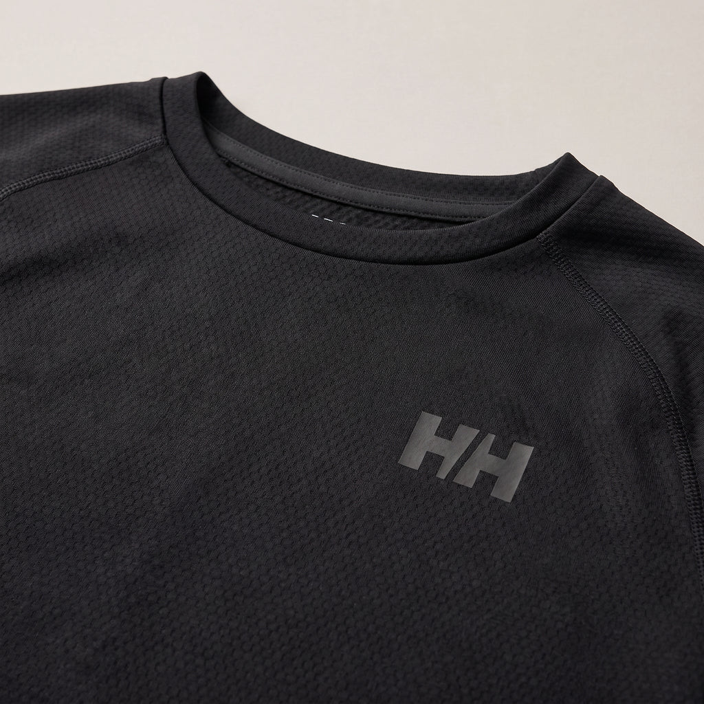 Close-up of the Helly Hansen logo on the chest.