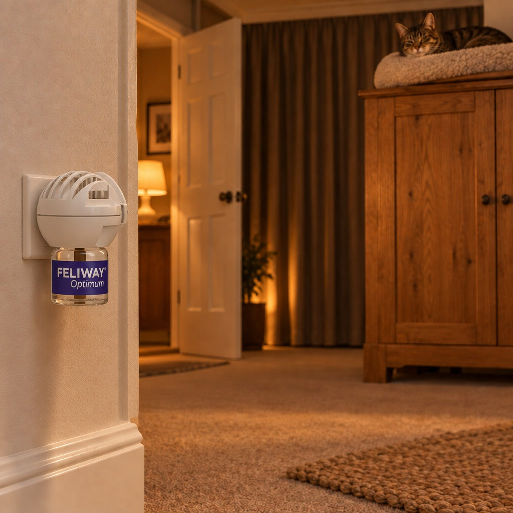 FELIWAY Optimum diffuser plugged into a wall socket in a lamp-lit living room, with a cat resting in a bed on top of a tall cabinet