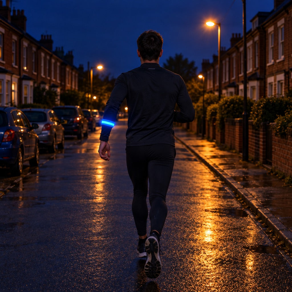 A runner on a dark residential street seen from behind, a blue LED armband glowing evenly along its length on the forearm