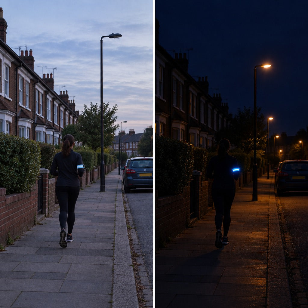 The same street at 6 pm shown twice: at dusk with a runner, then in darkness with only the runner's glowing armband standing out