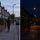 The same street at 6 pm shown twice: at dusk with a runner, then in darkness with only the runner's glowing armband standing out