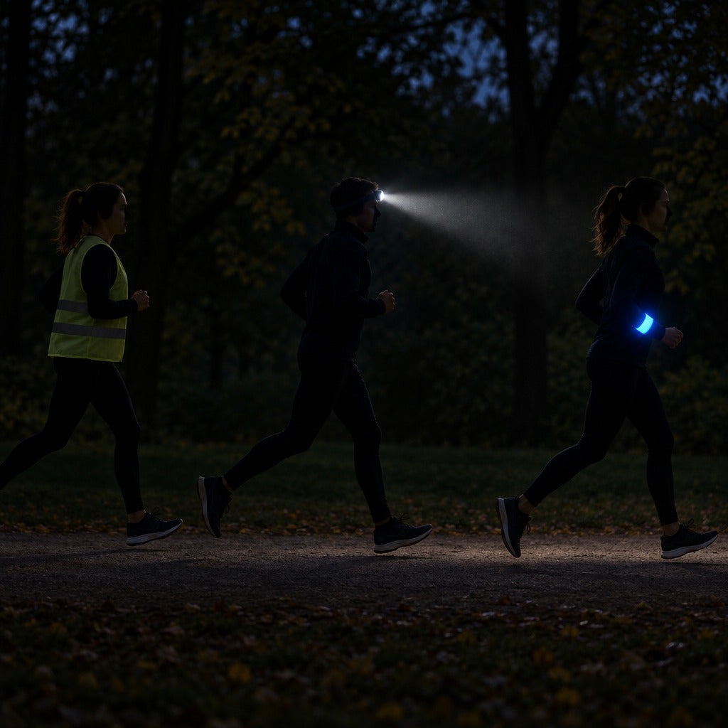 Three figures on a dark path: a hi-vis vest barely visible, a head torch glaring forward, and a glowing LED armband clearly visible from the side