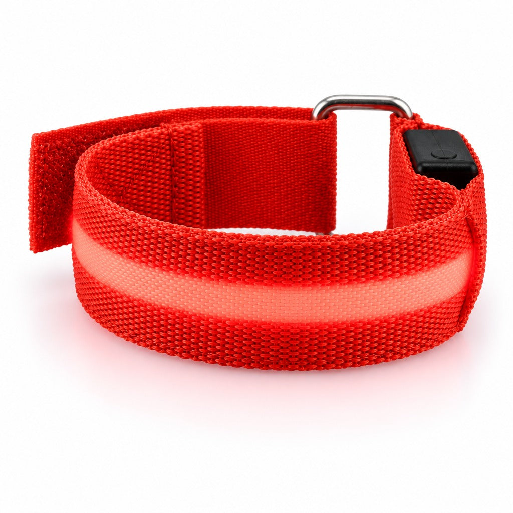 A red LED armband on a white background with its centre strip lit red.