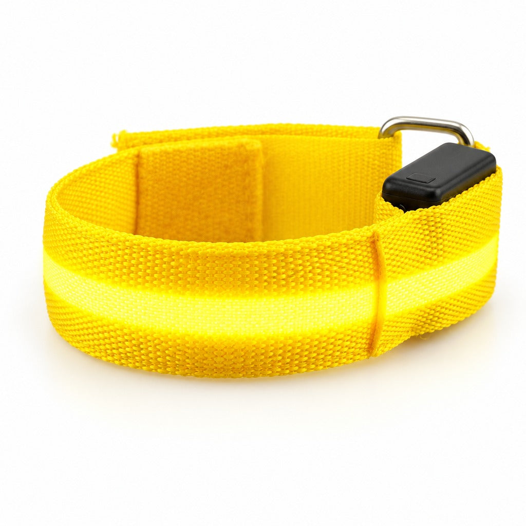 A yellow LED armband on a white background with its centre strip lit yellow.