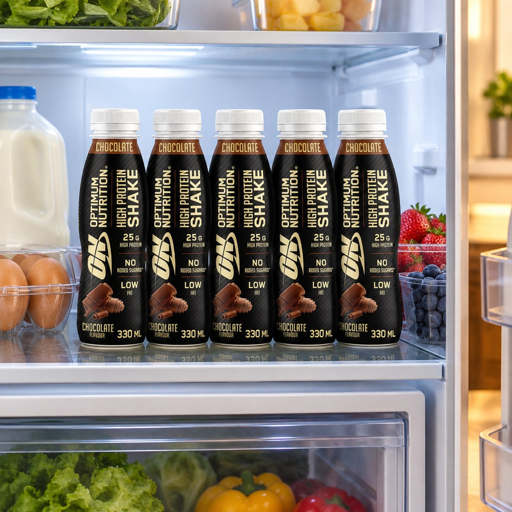 Optimum Nutrition High Protein Shake 330ml bottles stocked in a fridge for the week