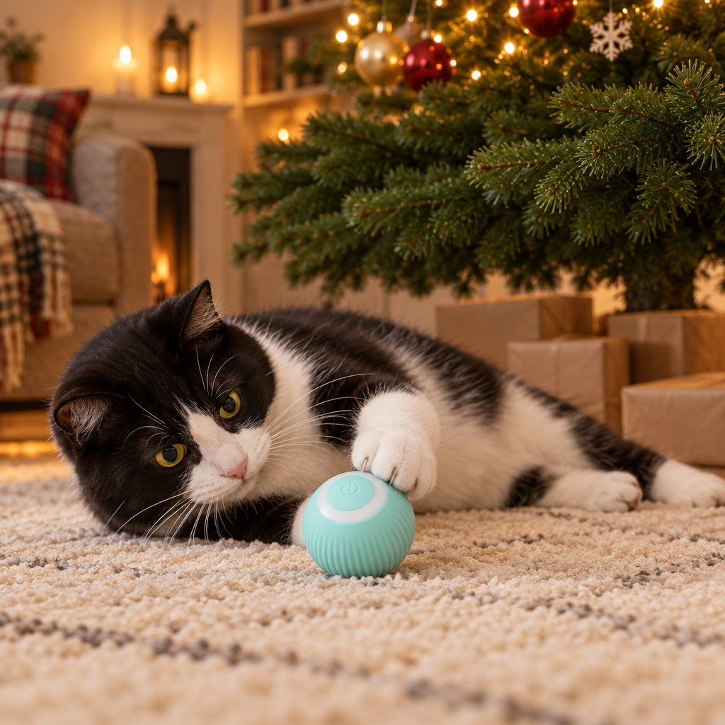 A cat on a rug beside a Christmas tree, batting a small blue ball, with no tinsel on the low branches