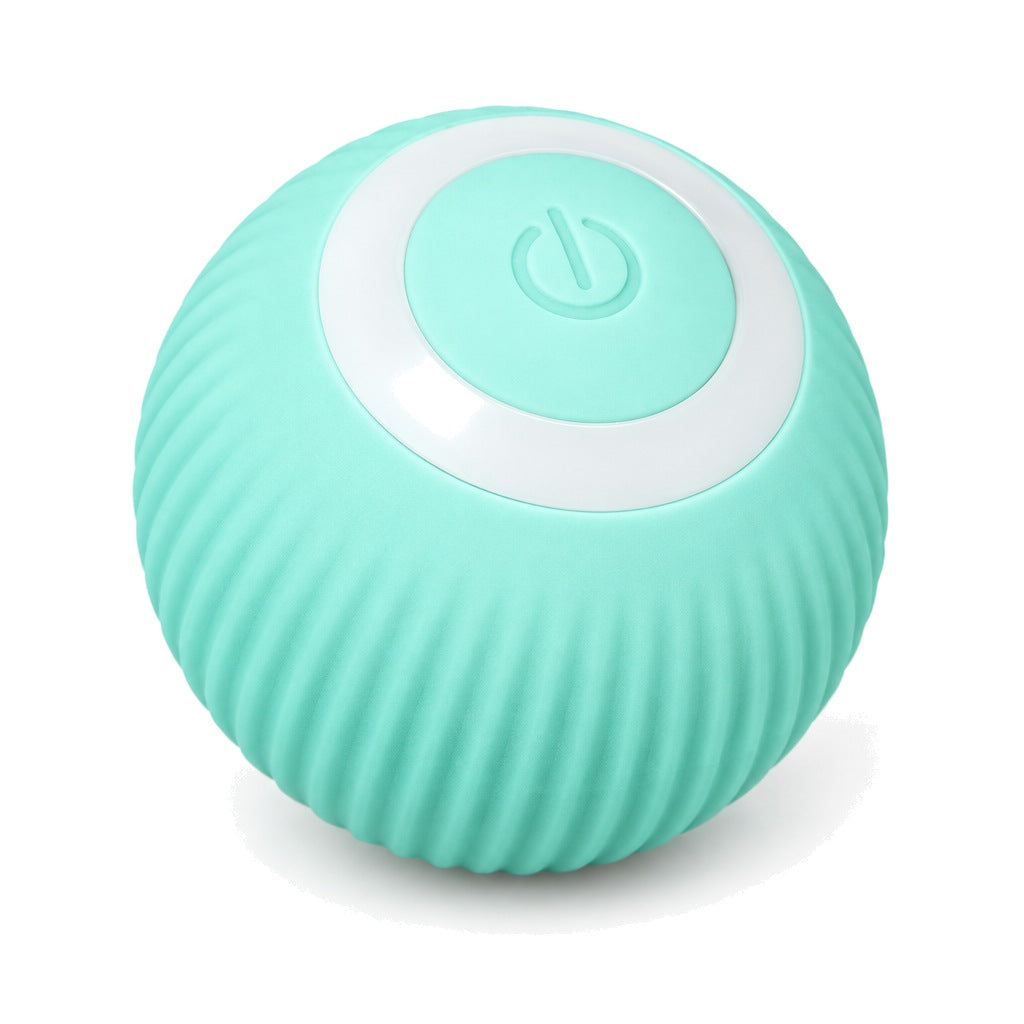 Close-up of one mint-green rolling ball, showing its ribbed shell, the white ring and the power button.