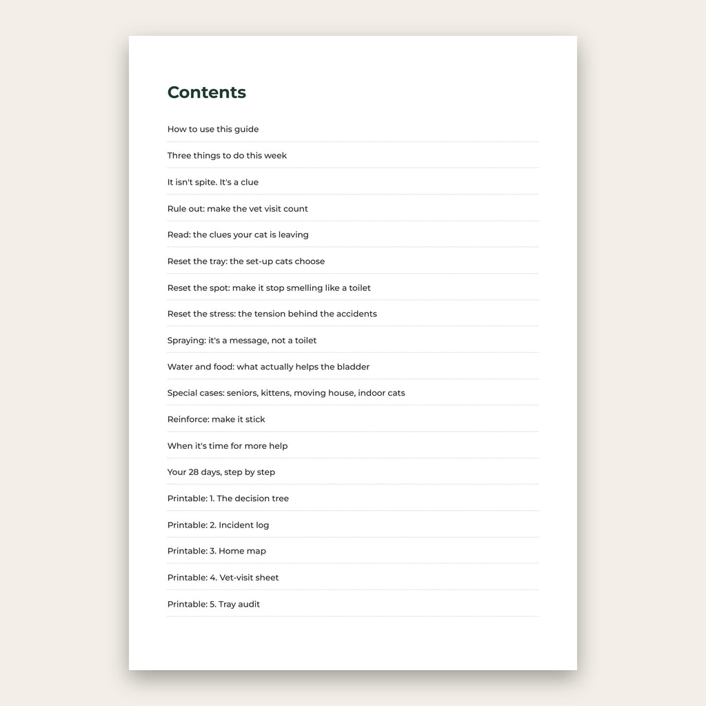 Back in the Tray contents page, from the vet visit count to the 28-day plan and the printables