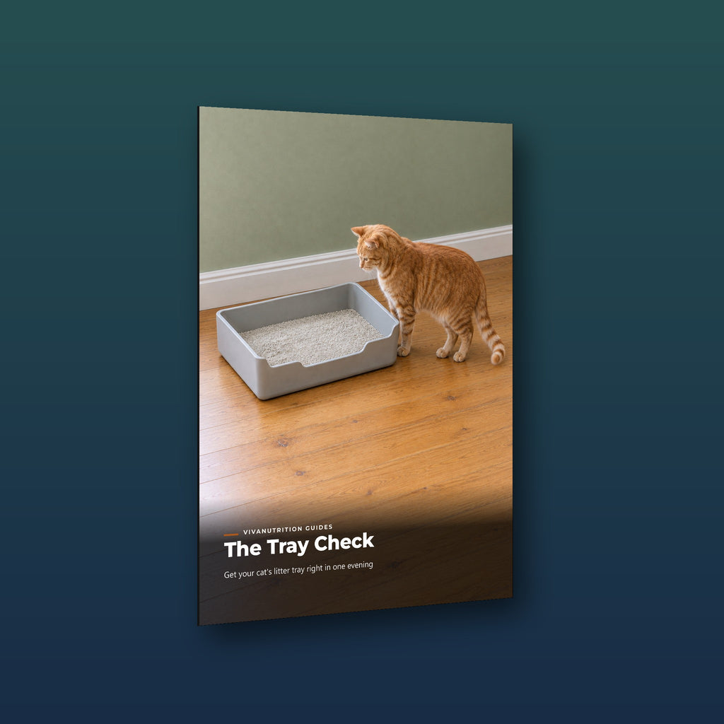 The Tray Check guide cover, a ginger tabby standing beside a large open litter tray